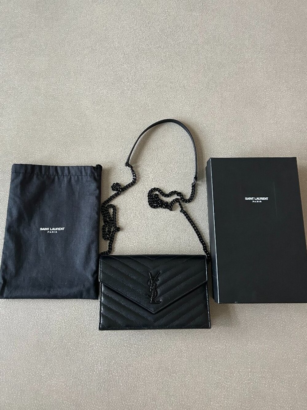 Saint Laurent Cassandre Envelope Chain Wallet in Black
